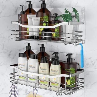 Produktbild von Duschablage ohne Bohren,Edelstahl Duschablage mit 5 Haken,2 Stück, Duschkörbe, Badezimmer Regal Organizer, für Badezimmer, Küchen, Toilette, Silber