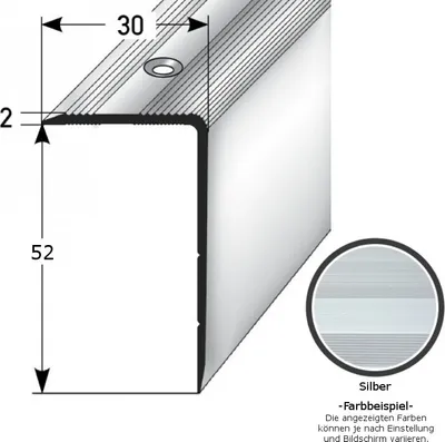 Produktbild von Treppenkante / Treppenprofil "Genua", Winkelprofil mit 30 mm Breite und konfigurierbarer Höhe (22 mm bis 52 mm), Aluminium eloxiert, gebohrt-silber-1000-52 mm