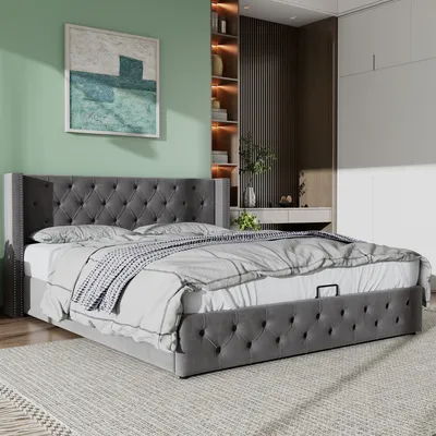 Produktbild von MODFU Boxspringbett Hydraulisches 180 x 200 cm mit Ohrenform Kopfteil, Polsterbett Doppelbett Stauraumbett mit Bettkasten, Samt Grau(Ohne Matratze)