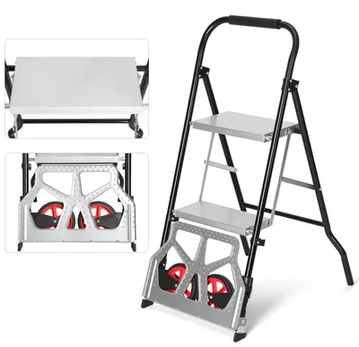 Produktbild von Eikuavons 2 in 1 Treppenkarre Sackkarre mit 2-stufiger Klappleiter, klappbarer Transportwagen 80 kg, Leiter 150 kg, Schwarz Silber