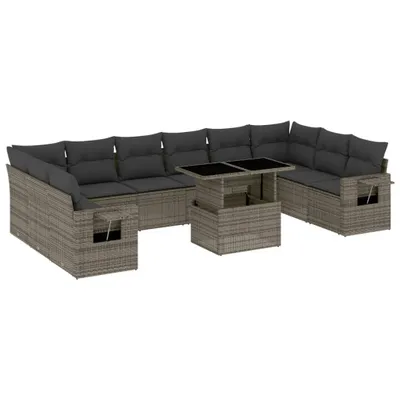 Produktbild von Modulares Garten-Sofaset, 11-teilig, mit verstellbarem Tisch, Poly Rattan, pulverbeschichteter Stahl, UV-beständig, Grau, inkl. dick gepolsterter K...