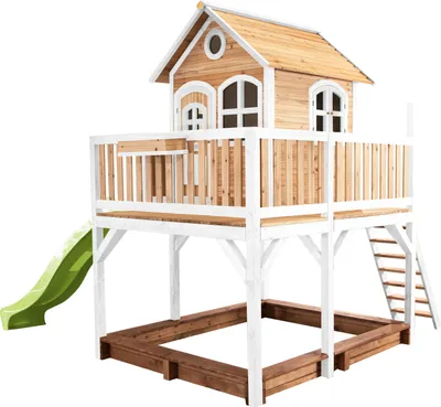 Produktbild von AXI Spielhaus Liam mit Sandkasten & hellgrüner Rutsche | Stelzenhaus XXL in Braun & Weiß aus  Holz für Kinder | Spielturm mit Wellenrutsche für den Garten