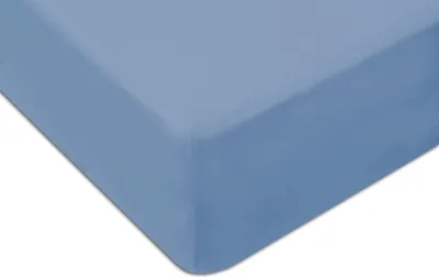 A close-up, angled view of a blue fitted sheet.
