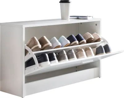 Immagine prodotto di Panca porta scarpe SPLIT con seduta bianca, ribaltabile, in legno, 80 x 47 x 24 cm | Panchina da ingresso piccola a chiusura ermetica | Panchina stretta da ingresso con vano portaoggetti | Armadietto porta scarpe singolo, panca guardaroba, panca da ingresso