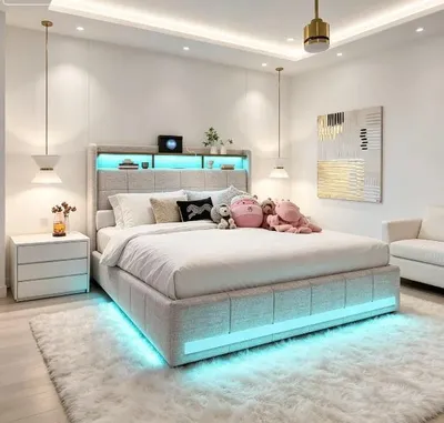 Image de Lit avec tête de lit capitonnée - Lit double 140x200 cm - Éclairage LED - Fonction de charge USB - Lit avec rangement et 4 tiroirs - Sommier à lattes - Beige