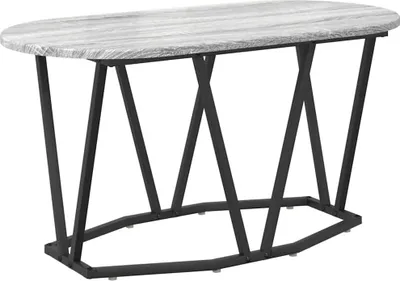 A modern oval-shaped coffee table with a gray wood-grain top and a black metal geometric base, shown against a white background.