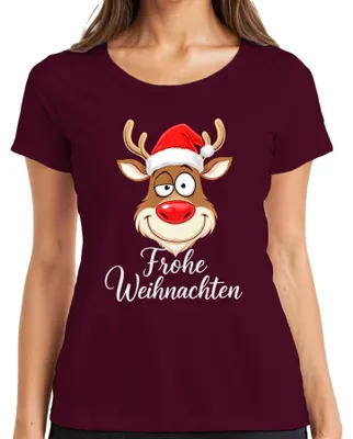 Produktbild von Frohe Weihnachten Rentier Rudolph Weihnachtsmütze Lustig Cartoon Damen T-Shirt, Burgundy, M