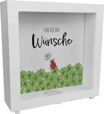 Produktbild von Marienkäfer im Kleefeld Rahmen Spardose aus Holz mit Spruch Für kleine Wünsche