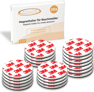 A box of magnetic holders for smoke detectors, with several stacks of the holders shown in front of the box.