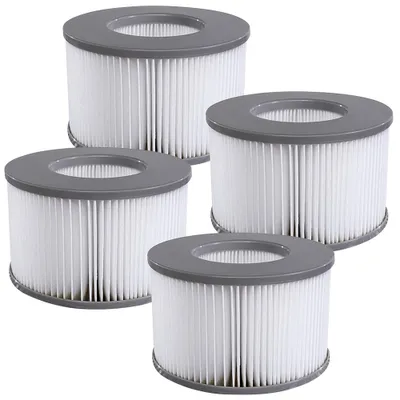 A group of four white spa pool filter cartridges with gray tops, arranged in a staggered formation against a white background.
