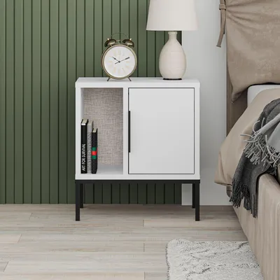 Obrázok produktu pre Skye Decor, kvalitný nočný stolík, biely, 45 x 50 x 35 cm | 100 % melamínom potiahnutá drevotriesková doska, hrúbka 18 mm | kovové nohy, možnosť montáže na stenu, moderný a funkčný.