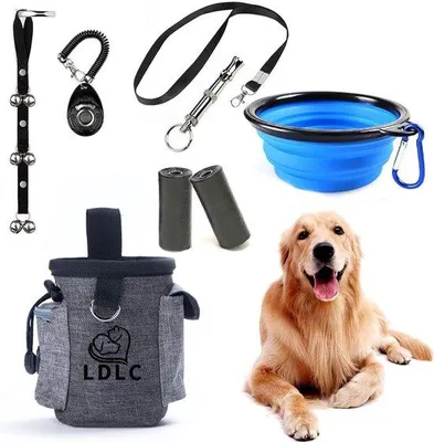 Productafbeelding van Puppytrainingsset, 6-delig: verstelbare puppydeurbellen voor honden, trainingszak, fluitje om blaffen te stoppen, hondenbak en poepzakjes, huisdierentrainer, hondentrainingsset met clicker