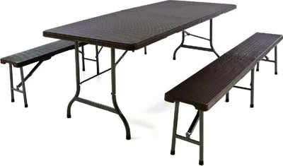 Produktbild von VCM 3-tlg. Gartenmöbelset | Gartengarnitur 1 Tisch 2 Bänke klappbar | Rattan-Optik | Bierzeltgarnitur | braun | 180 cm