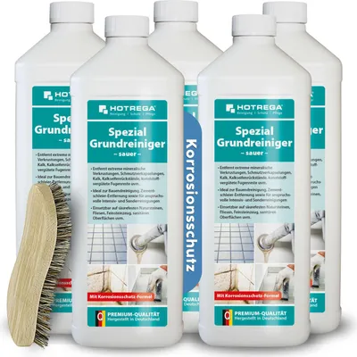 Produktbild von HOTREGA Spezial Grundreiniger Konzentrat sauer 5x1L inkl. Wurzelbürste | Bauendreinigung | Zemententferner | Rostentferner