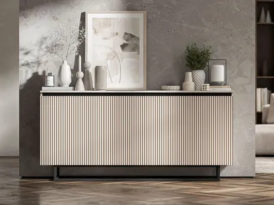 Produktbild von Kommode RTV SELENE von Lindner Möbel – dreitürig – 166,8 x 35 x 78,4 cm Farbe: Kaschmir matt- Italienische Tiefmattfolie