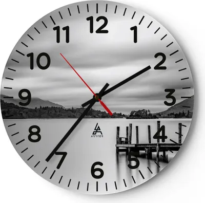 Produktbild von Wanduhr - Rund - Glasuhr - Schwarzweiß Landschaft See - 30x30cm - Schleichendes Uhrwerk - Lautlos - zum Aufhängen bereit - Dekoration Modern - Wanddekoration aus Glas - C4AR30x30-4321