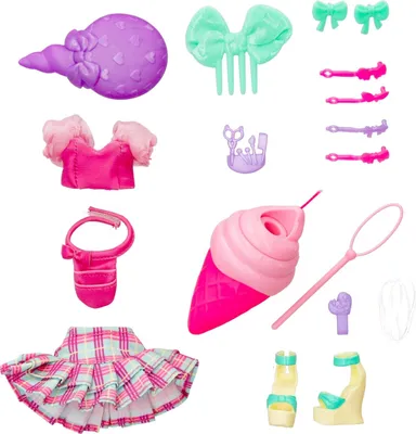 A collection of doll accessories arranged on a white background.