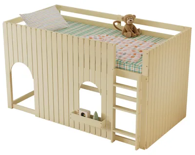 Produktbild von Hochbett mit RGB LED-Beleuchtung, Trittleiter, Rausfallschutz und Regal, 90x200 cm, Kinderbett, Kiefer