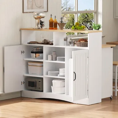 Image de Îlot de cuisine sur roulettes avec table rabattable et 2 tabourets, armoire de cuisine mobile blanche, buffet avec espace de rangement et étagères réglables, largeur 110 cm