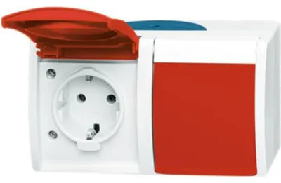 Produktbild von Busch-Jaeger 20/2 EW/DVN-53 SCHUKO Doppelsteckdose EDV mit Klappdeckel grau/blaugrün/rot Ocean IP44 2CKA002084A0700