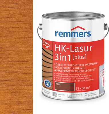 Zdjęcie produktu dla Remmers HK-Lasur 3w1 [plus] teak, mat, 5 litrów, bejca do drewna, bejca zewnętrzna premium, potrójna ochrona drewna z impregnatem + podkład + lazura
