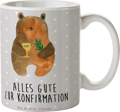 Produktbild von Mr. & Mrs. Panda Becher Bär Konfirmation - Grau Pastell - Geschenk, Kaffeebecher, Tasse, Evangelisch, Pott, Kaffeetasse, Kirche, Keramiktasse, Teddy, Gottesdienst