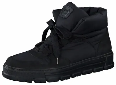 A black winter boot is shown against a white background.