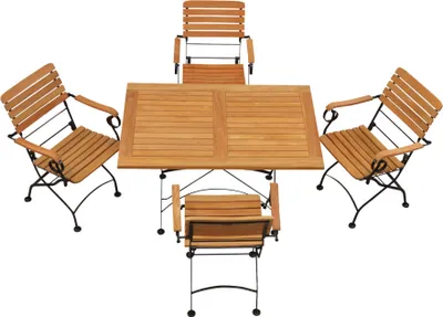 Produktbild von Teak Sitzgruppe premium aus 4 Klappstühlen + 1 Klapptisch 120 x 80 cm Bistro Set aus Teakmöbel mit Stahlgestell pulverbeschichtet