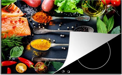 Produktbild von KitchenYeah© Herdabdeckplatte Kräuter - Löffel - Küche - Gewürze , 81x52cm, Küche Deko, Glaskeramikkochfeld Herdabdeckung, Abdeckplatte fùr Kochfeld