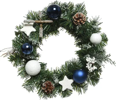 Produktbild von Türkranz künstlich mit Weihnachtskugeln 30cm, Farbauswahl:weiss / blau