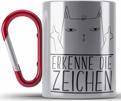 Produktbild von Trendation - Erkenne Die Zeichen Katze Mittlerer Finger Geschenk Katzenliebhaber Edelstahl Tasse Karabiner Geschenkidee (Rot)