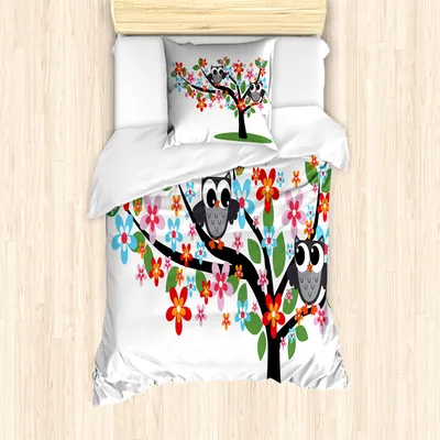 Produktbild von ABAKUHAUS Kindergarten Mantele, 2 Flirty Eulen auf Baum, Milbensicher Allergiker geeignet mit Kissenbezügen, 135 cm x 200 cm - 80 x 80 cm, Mehrfarbig