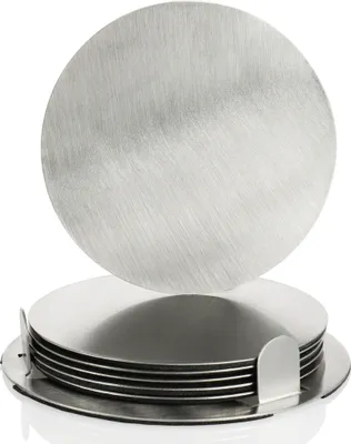 Produktbild von com-four® 7-teiliges Untersetzer-Set mit Halterung - Edelstahl Untersetzer für Getränke - runde Stahluntersetzer - silberfarben