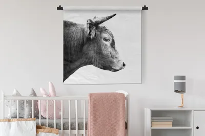 Produktbild von MuchoWow® Wandteppich Wandbehang Schottisches Hochlandrind - Horn - Schwarz - Weiß 90x90 cm Tapisserie Dekoration Wandtuch - Wandaufhänger