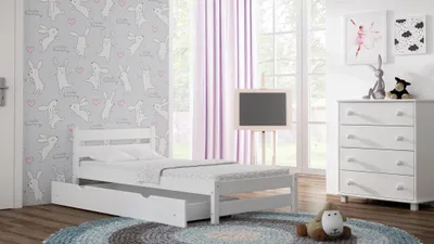 Produktbild von Stabiles Einzelbett für Kinder, Meble Wróbel, Kiefernholzbett Karo, 80 x 180 cm, Weiß