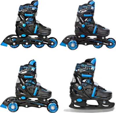 A collage of four images showing different configurations of roller skates/ice skates.