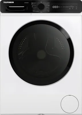 A front view of a white Telefunken washing machine with a black door and control panel.