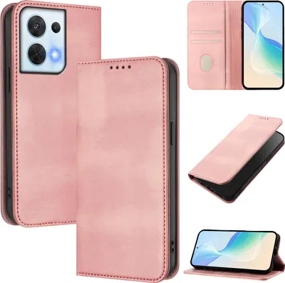Obrázek produktu pro Pouzdro pro Oppo Reno8 5G, vintage kožené pouzdro s RFID ochranou, přihrádkami na karty, stojánkem Růžový