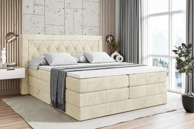 Produktbild von ALTDECOR Boxspringbett mit H3 Matratze-Bonellfederung, H4 Multipocket-Matratze (18 cm hoch) PUR, Topper (4 cm hoch), Polsterbett mit Kopfteil und Bettkasten - NOEL KING - 140x200 - Beige Samt