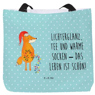 Produktbild von Mr. & Mrs. Panda Reisetasche Fuchs Weihnachten - Türkis Pastell - Geschenk, Alltagstasche, Strandtasche, Laptoptasche, Tote Bag, Weihnachtszeit, Wintermotiv, Heiligabend