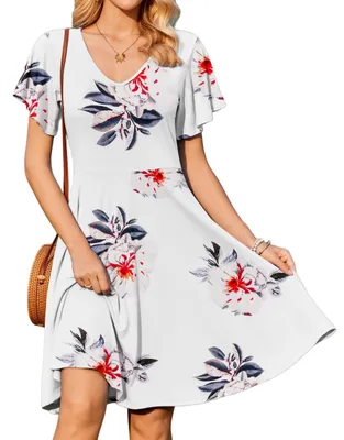 Produktbild von Sommerkleid für Damen, kurze Ärmel, V-Ausschnitt, lässiges Midi-Kleid mit Taschen
