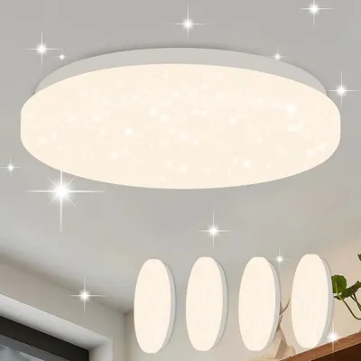 A modern, round LED ceiling light with a starry sky effect is shown mounted on a white ceiling. Below it, four smaller, oval-shaped lights are displayed, possibly as a set or related products.