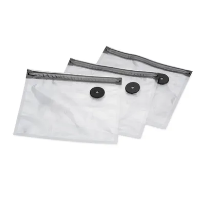 Three clear vacuum seal bags with black valves, arranged in a row.