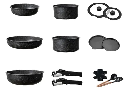 Obrázek produktu pro Sada kuchyňského nádobí, s nepřilnavým povrchem, odnímatelná rukojeť, černá barva