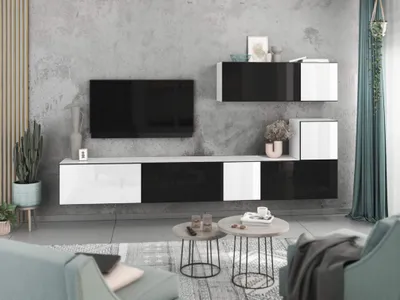 Produktbild von Wohnwand VARIANTO 2 Schrank Set 7 tlg., 266 cm, weiß matt / schwarz Hochglanz / weiß Hochglanz M1, grifflos, stehend und hängend