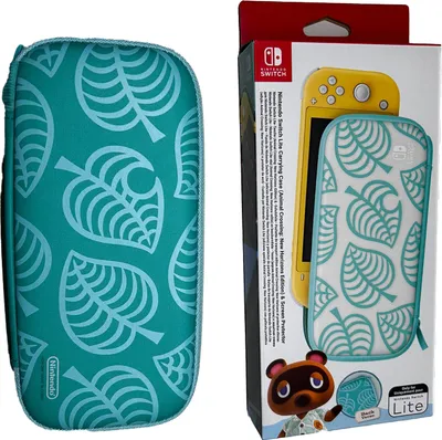 A Nintendo Switch Lite carrying case and screen protector set, themed after Animal Crossing: New Horizons, is shown next to its retail packaging.