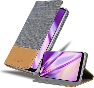 A flip-style phone case with a textured gray fabric exterior and a brown faux leather accent is shown open, revealing a smartphone screen with a colorful abstract wallpaper.