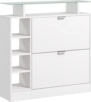 Image de HOMCOM Meuble à chaussures moderne avec deux tiroirs rabattables pour 12 paires, armoire à chaussures avec plateau en verre et étagères réglables, 89 x 25 x 92 cm, blanc