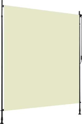 A cream-colored outdoor roller blind on a black metal frame, shown against a white background.