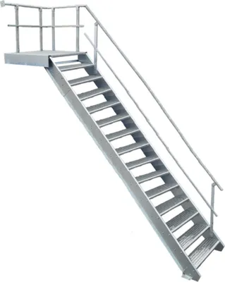 A galvanized steel staircase with a platform and handrails, shown against a white background.